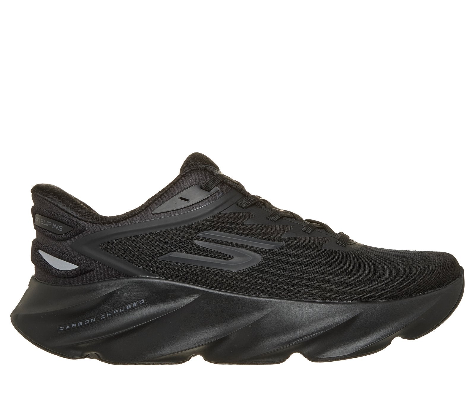 Side view on white background of Mens Skechers Aero Burst running shoe in Black/Black, Medium (Regular) width