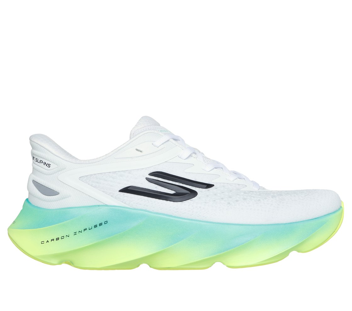 Side view on white background of Mens Skechers Slip Ins: Aero Burst running shoe in White/Multi, Medium (Regular) width