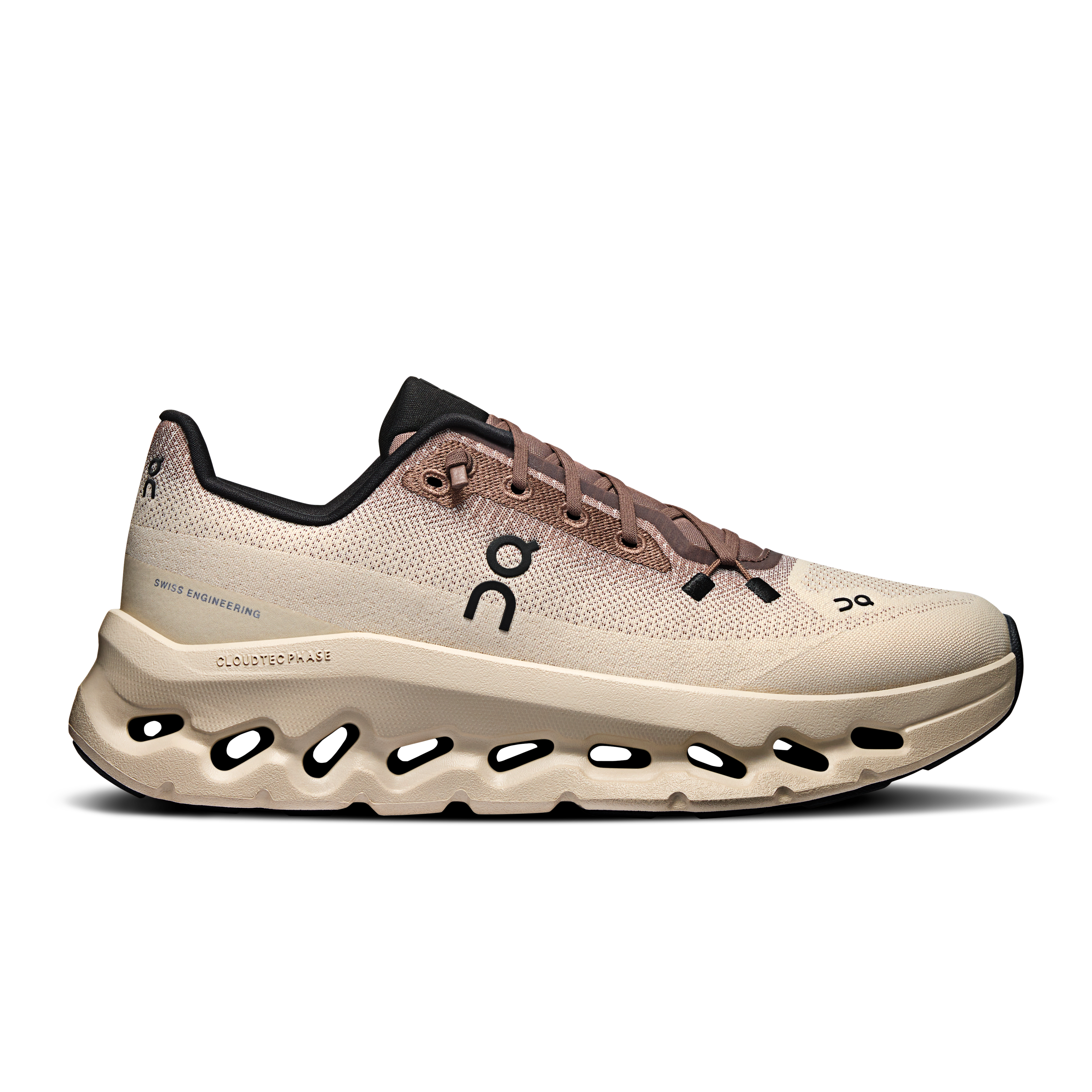 Side view on white background of Womens On Cloudtilt running shoe in Clove/Sand, Medium (Regular) width
