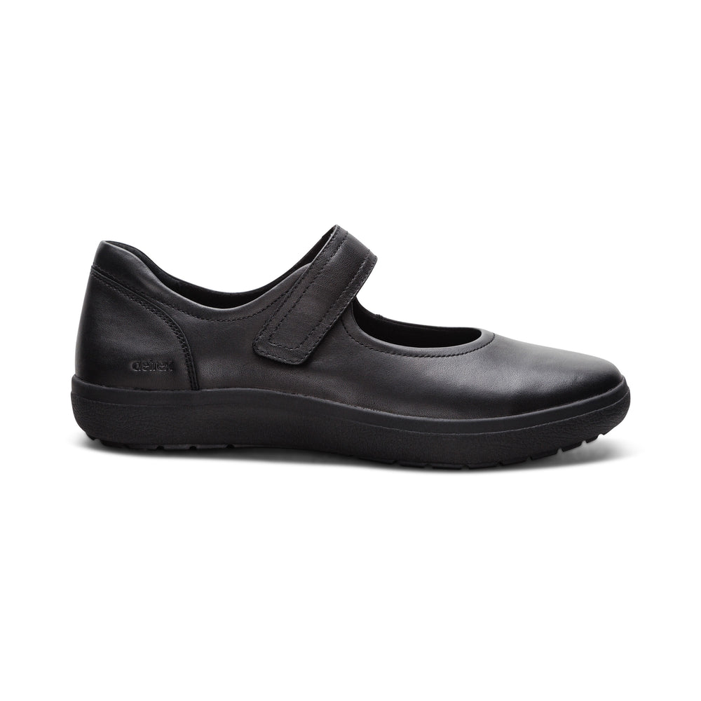 Side view on white background of Womens Aetrex Erica running shoe in Black, Medium (Regular) width