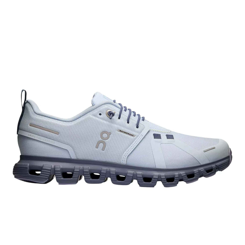 Side view on white background of Womens On Cloud 6 Waterproof running shoe in Heather/Metal, Medium (Regular) width