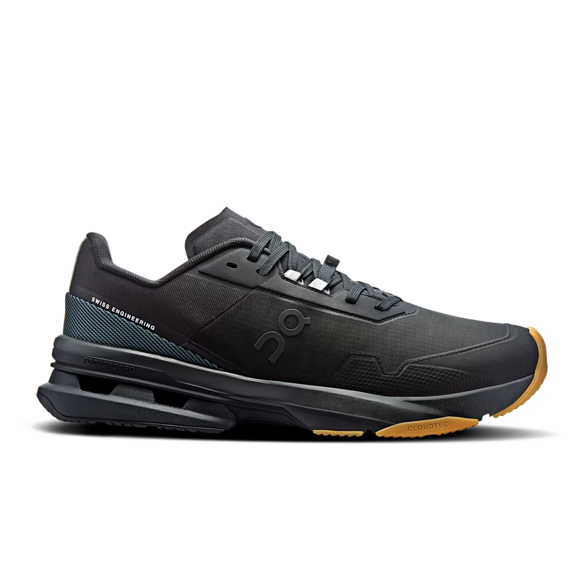 Side view on white background of Mens On Cloudpulse Pro running shoe in Black/Rock, Medium (Regular) width