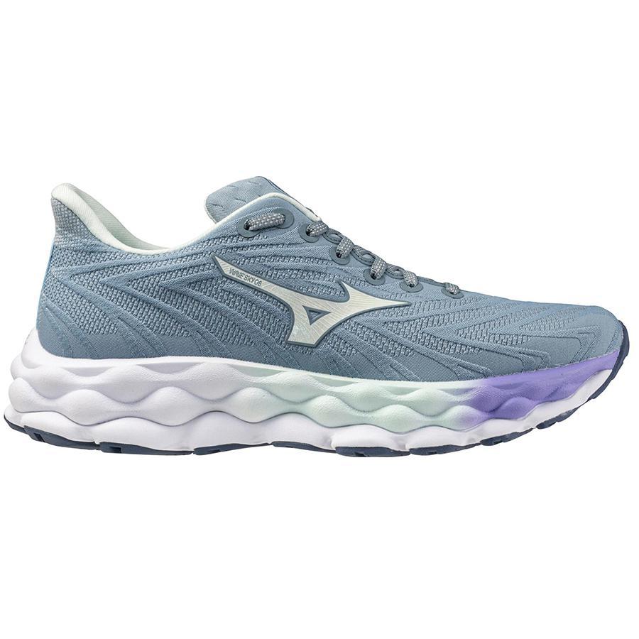 Side view on white background of Womens Mizuno Wave Sky 8 running shoe in Citadel/Hint of Mint, Medium (Regular) width