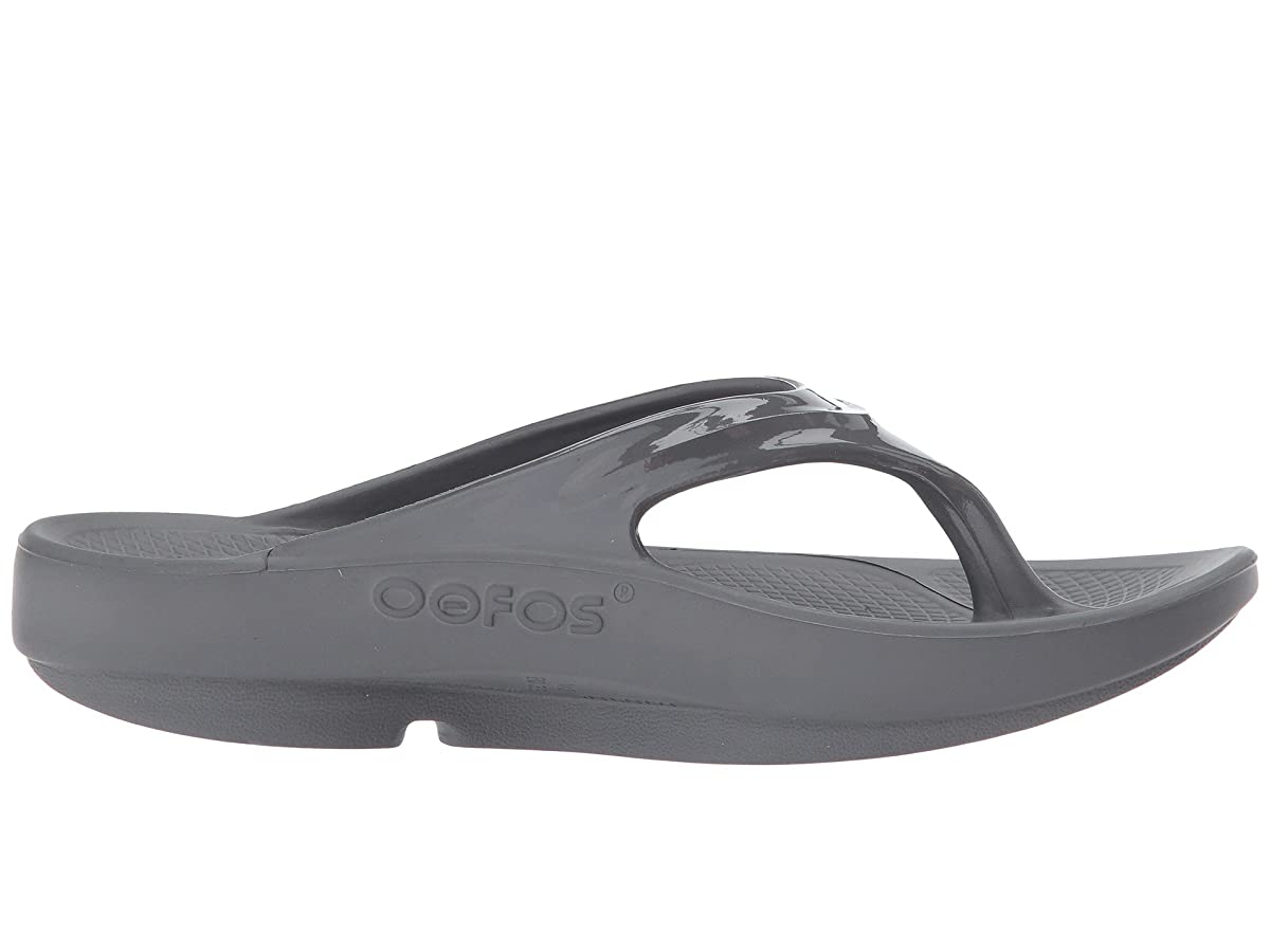 Side view on white background of Womens OOFOS OOlala Sandal running shoe in Slate, Medium (Regular) width