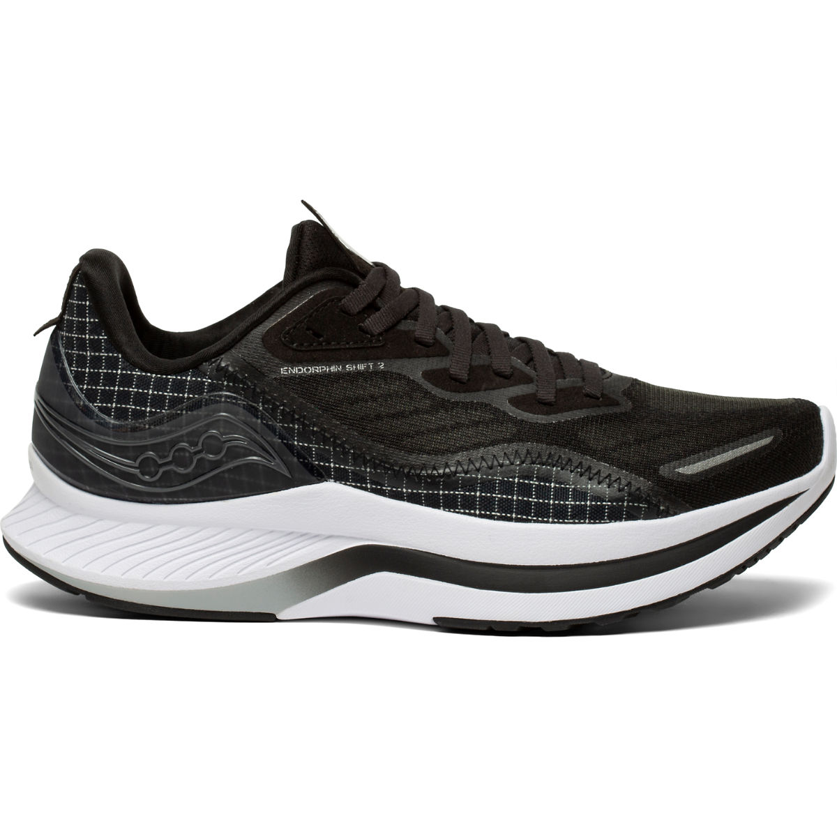 Side view on white background of Womens Saucony Endorphin Shift 2 running shoe in Black/White/Reflexion