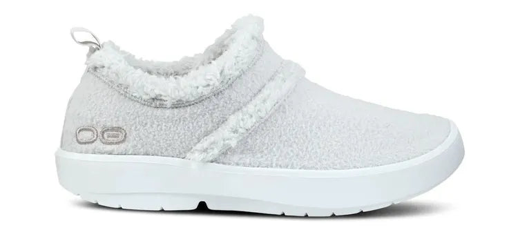 Side view on white background of Womens OOFOS OOcoozie Low running shoe in White/Light Gray, Medium (Regular) width