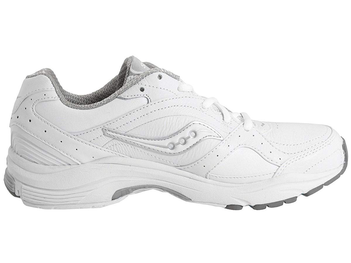 Side view on white background of Womens Saucony Progrid Integrity ST2 running shoe in White/Silver, Medium (Regular) width