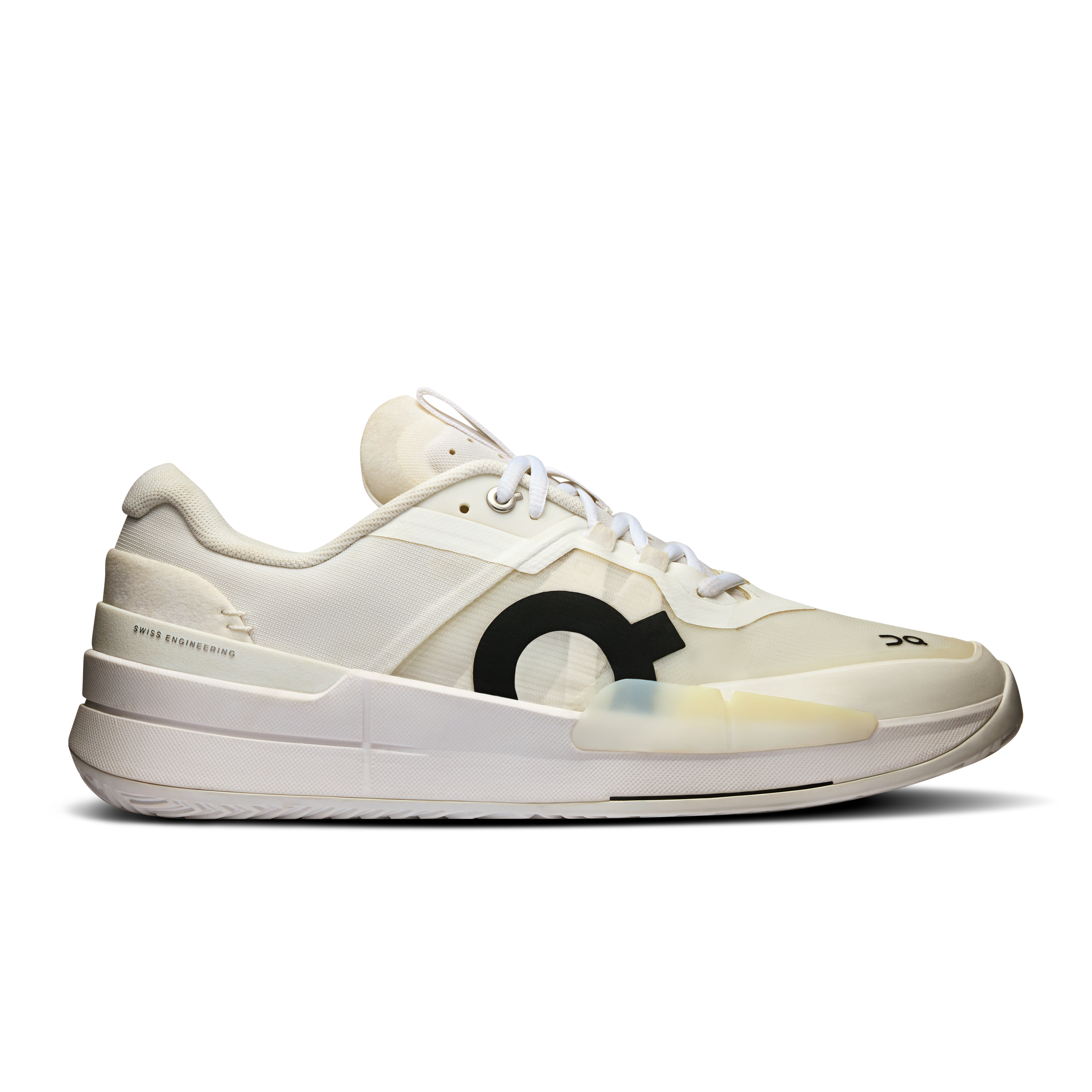 Side view on white background of Mens On The Roger Pro 2 running shoe in All White, Medium (Regular) width