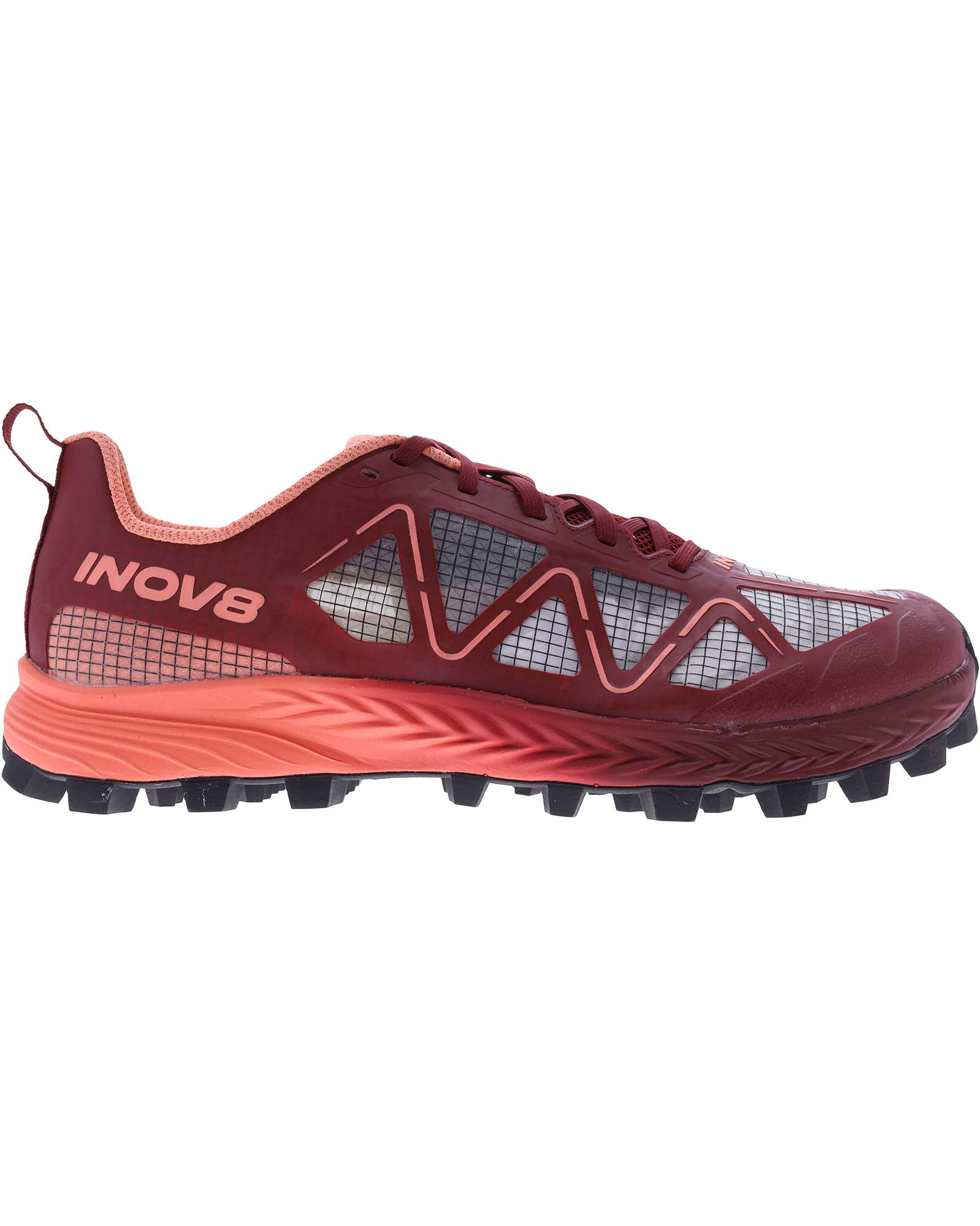 Side view on white background of Womens Inov8 MudTalon Speed running shoe in Burgundy/Coral, Wide width