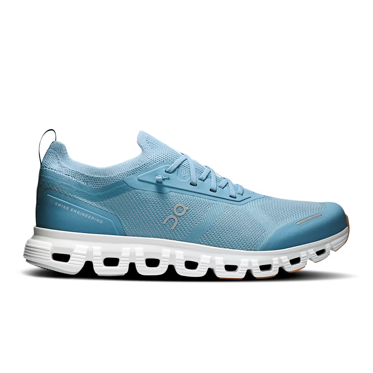 Side view on white background of Womens On Cloud 6 Versa running shoe in Dust/White, Medium (Regular) width
