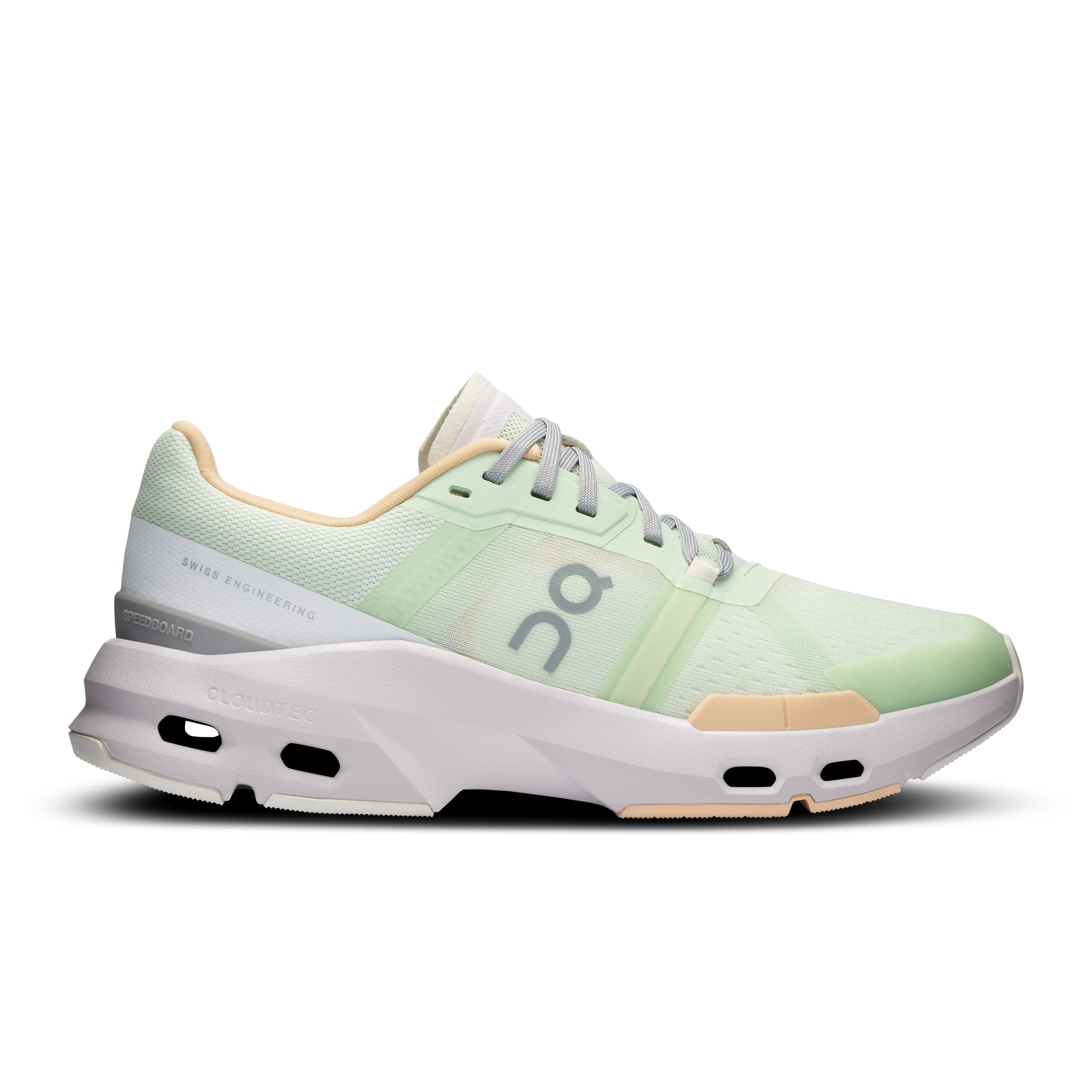 Side view on white background of Womens On Cloudpulse running shoe in Lima/Savannah, Medium (Regular) width