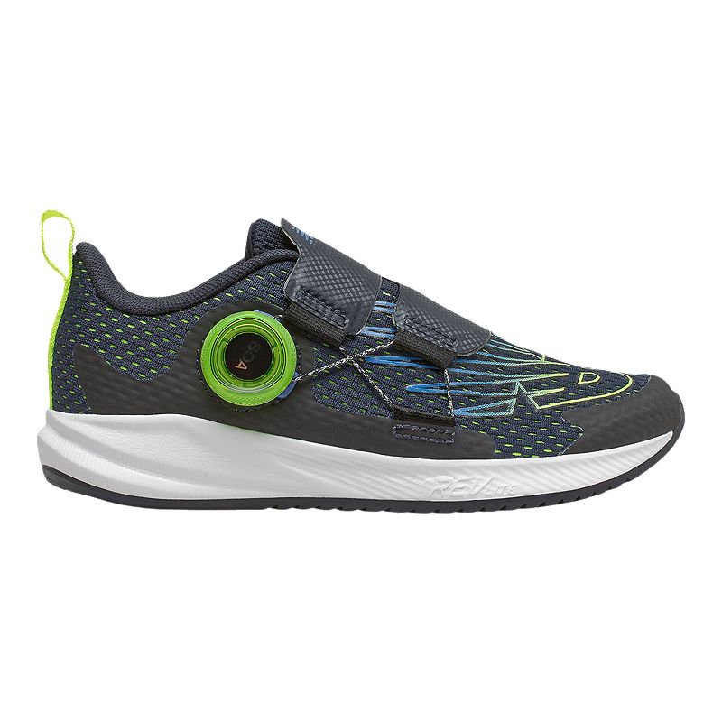 Side view on white background of Kids New Balance FuelCore Reveal V3 BOA running shoe in Eclipse/Hilite/Laser Blue, Medium (Regular) width