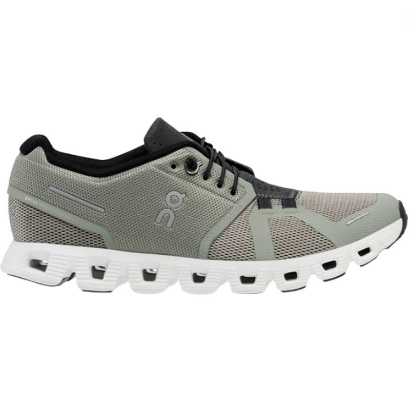 Side view on white background of Womens On Cloud 5 running shoe in Kelp/Shadow, Medium (Regular) width