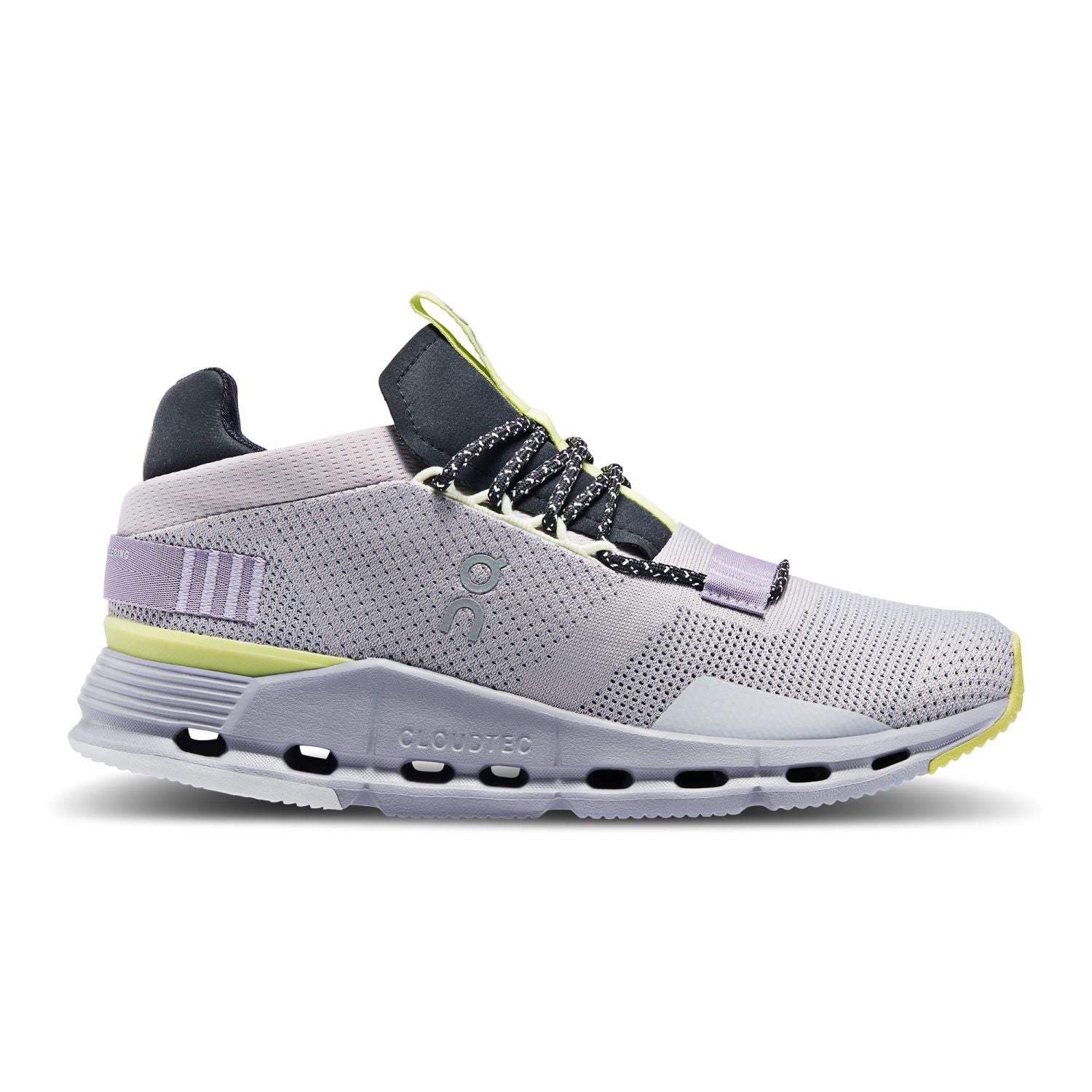 Side view on white background of Womens On Cloudnova running shoe in Pearl/Zest, Medium (Regular) width