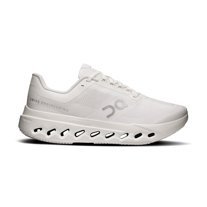 Side view on white background of Womens On Cloudsurfer Next running shoe in White/White, Medium (Regular) width