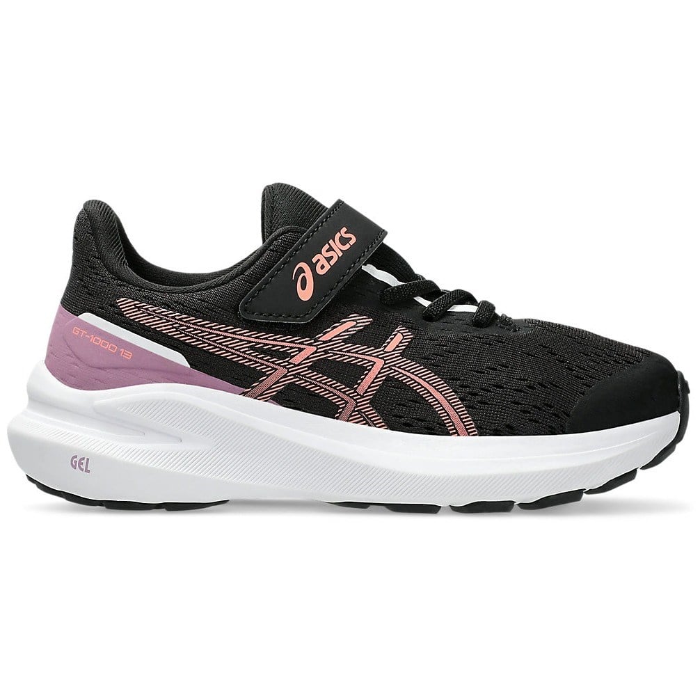 Side view on white background of Kids Asics GT-1000 13 PS running shoe in Black/Sun Coral, Medium (Regular) width