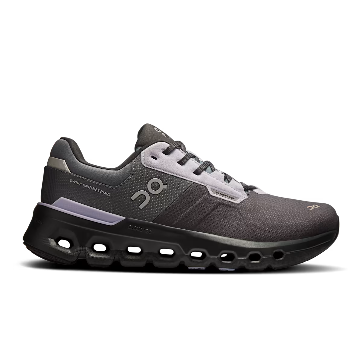 Side view on white background of Womens On Cloudrunner 2 Waterproof running shoe in Iron/Nimbus, Medium (Regular) width
