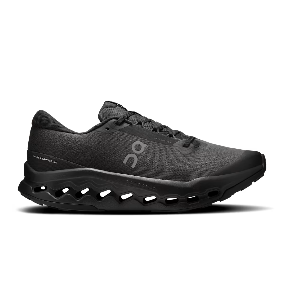 Side view on white background of Mens On Cloudsurfer Trail 2 Waterproof running shoe in Black/Black, Medium (Regular) width