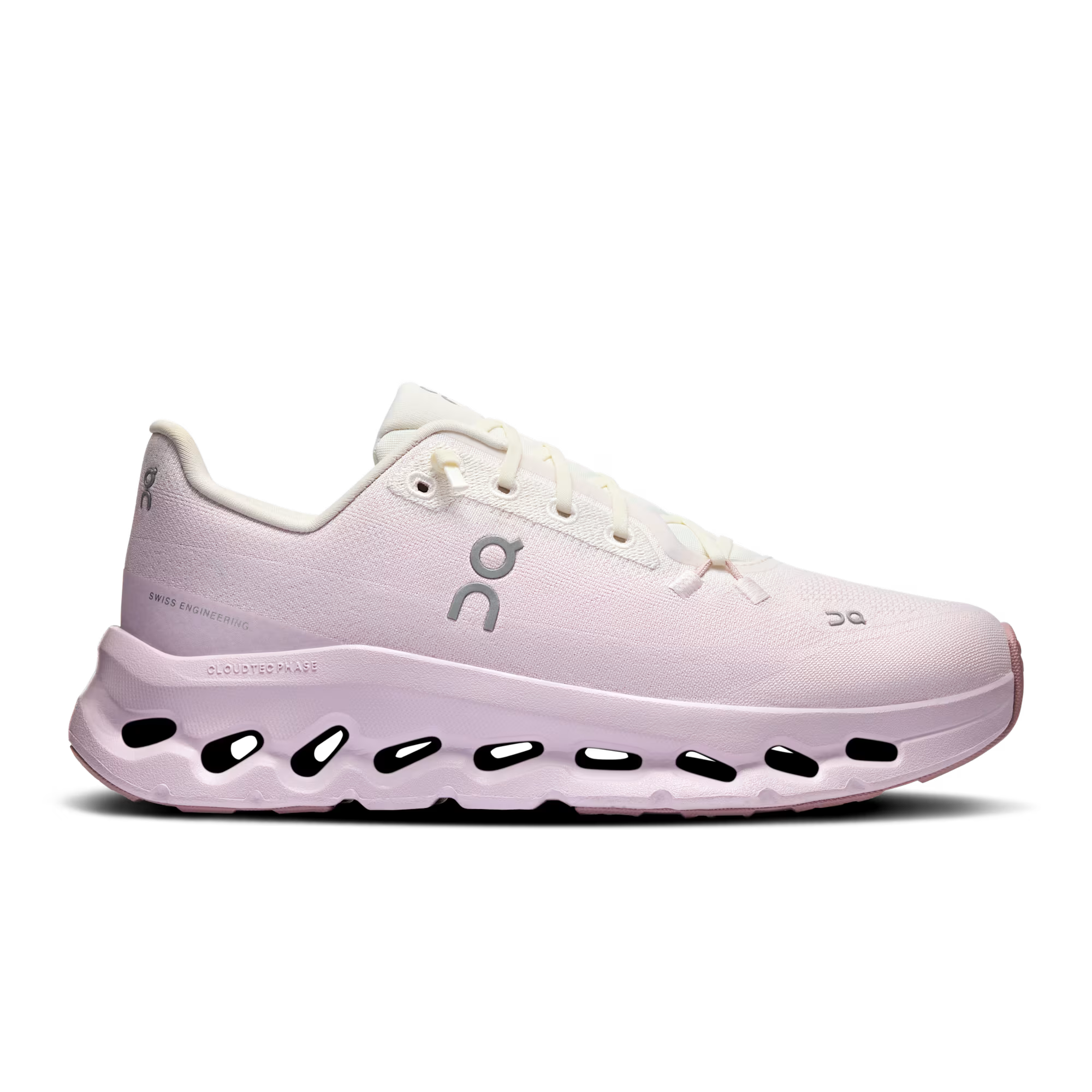 Side view on white background of Womens On Cloudtilt running shoe in Ivory/Orchid, Medium (Regular) width