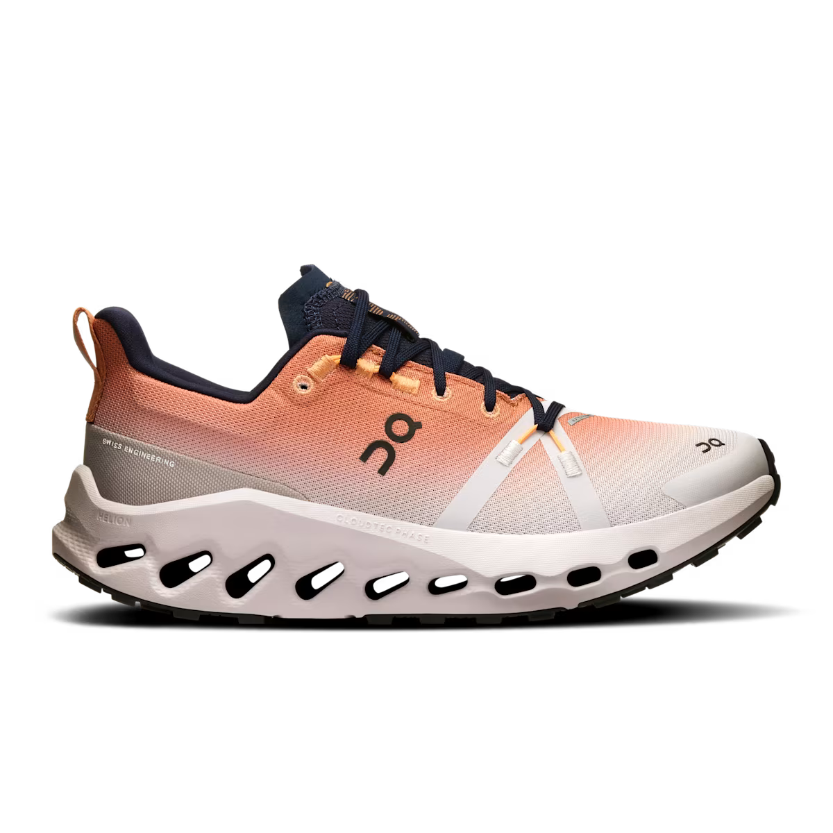Side view on white background of Womens On Cloudsurfer Trail Waterproof running shoe in Sandstone/Silver, Medium (Regular) width