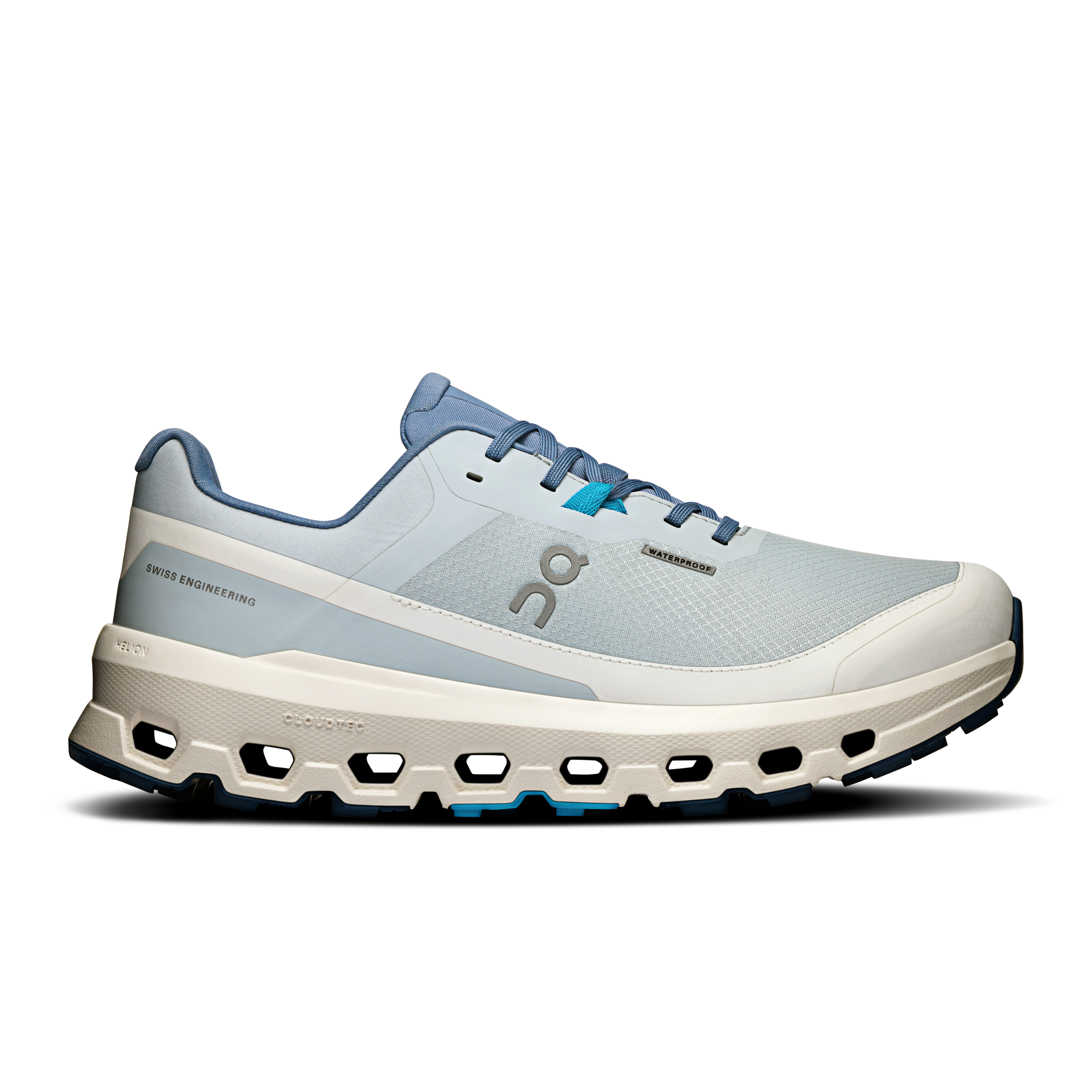 Side view on white background of Womens On Cloudvista 2 Waterproof running shoe in Arctic/Ivory, Medium (Regular) width