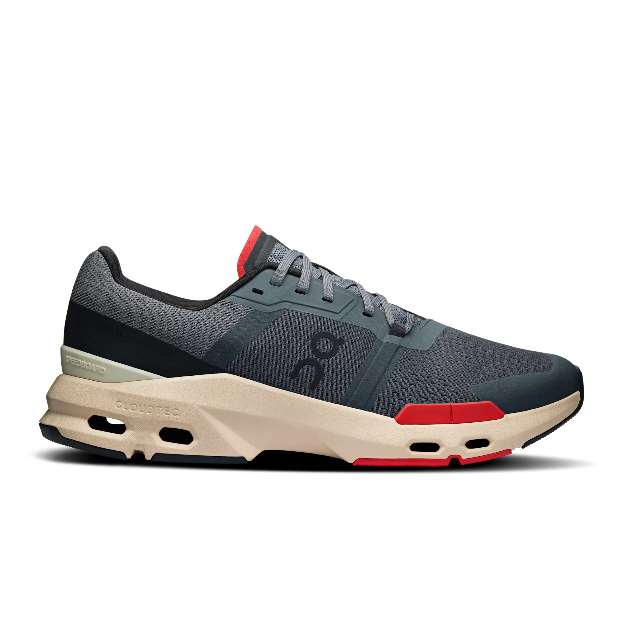 Side view on white background of Mens On Cloudpulse running shoe in Stone/Red, Medium (Regular) width