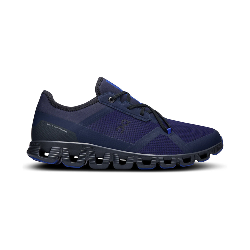 Side view on white background of Mens On Cloud X 3 AD running shoe in Midnight/Indigo, Medium (Regular) width