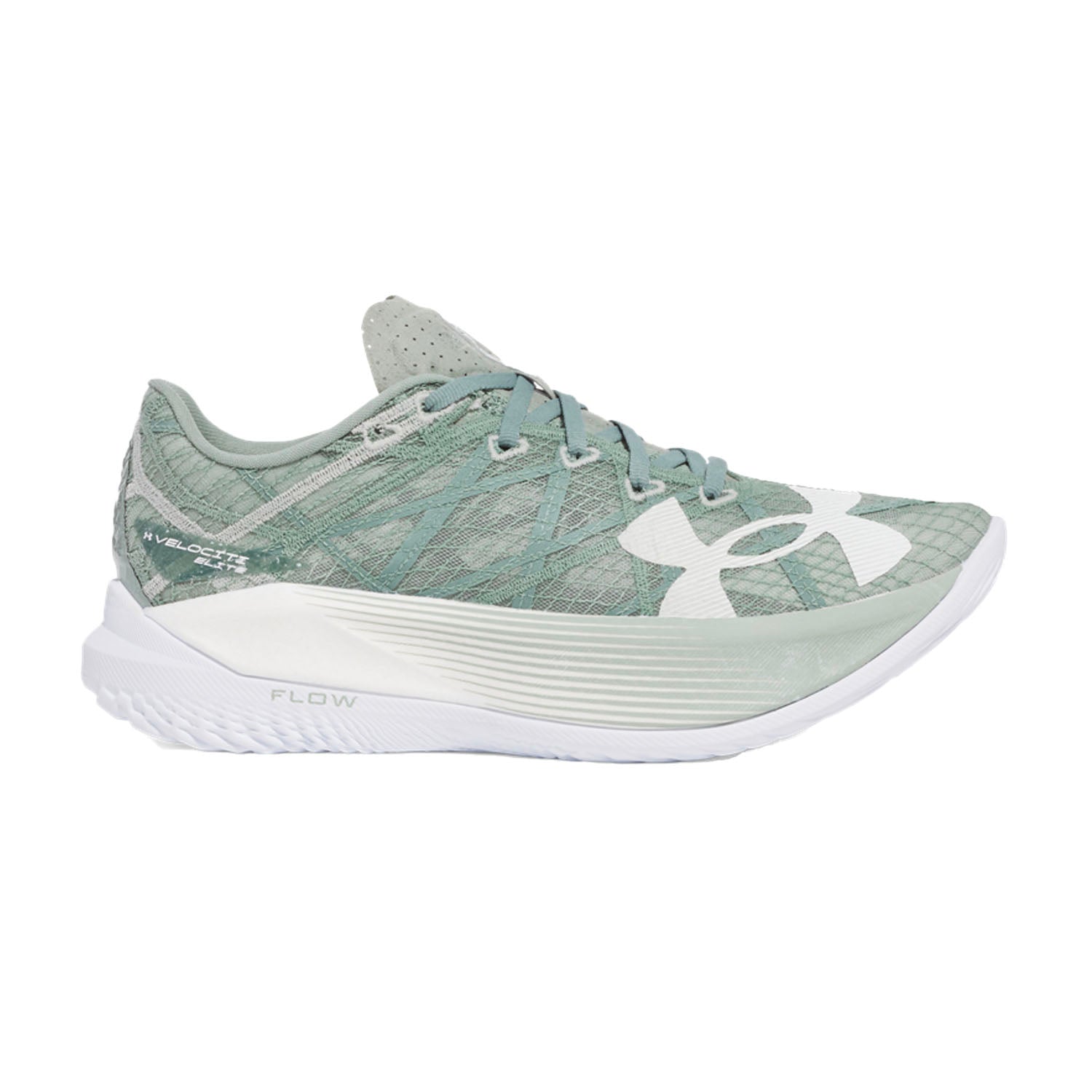 Side view on white background of Womens Under Armour Velociti Elite 2 running shoe in Green/Green, Medium (Regular) width
