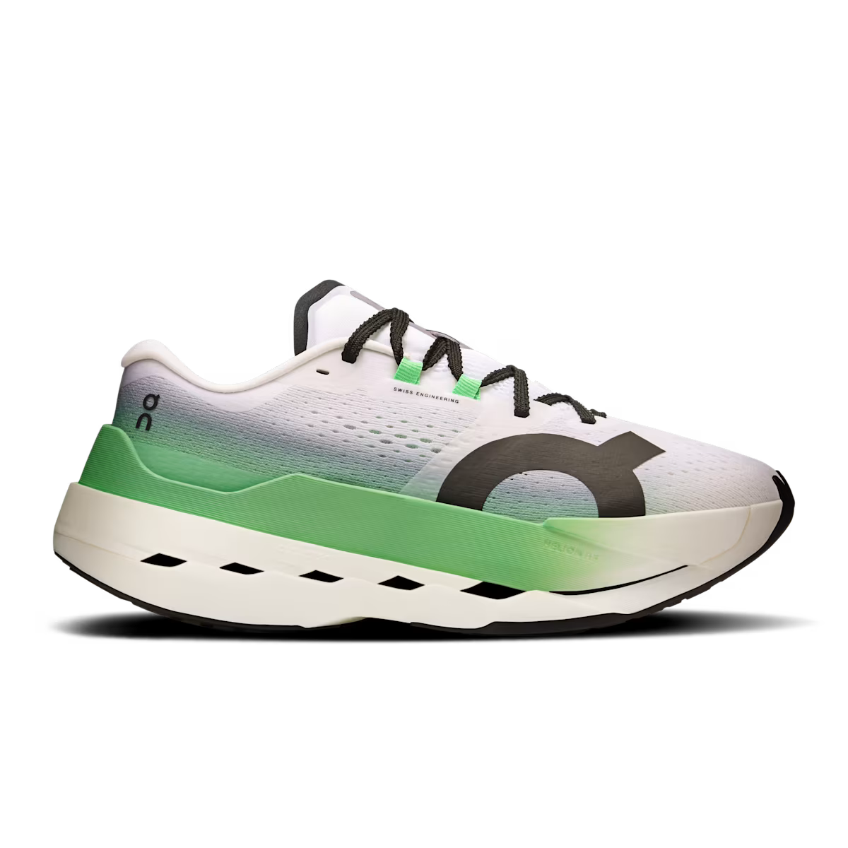 Side view on white background of Womens On Cloudboom Max running shoe in Honeydew/Lilac, Medium (Regular) width