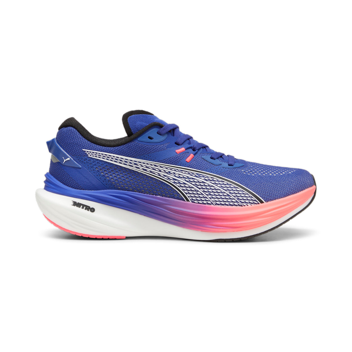 Side view on white background of Womens Puma Deviate Nitro 3 running shoe in Lapis Lazuli/Sunset Glow, Medium (Regular) width