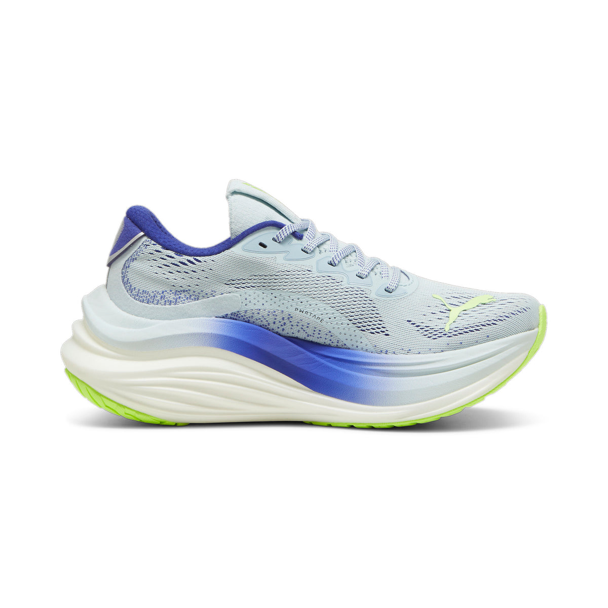 Side view on white background of Womens Puma MagMax Nitro running shoe in Nitro Blue/lapis Lazuli, Medium (Regular) width