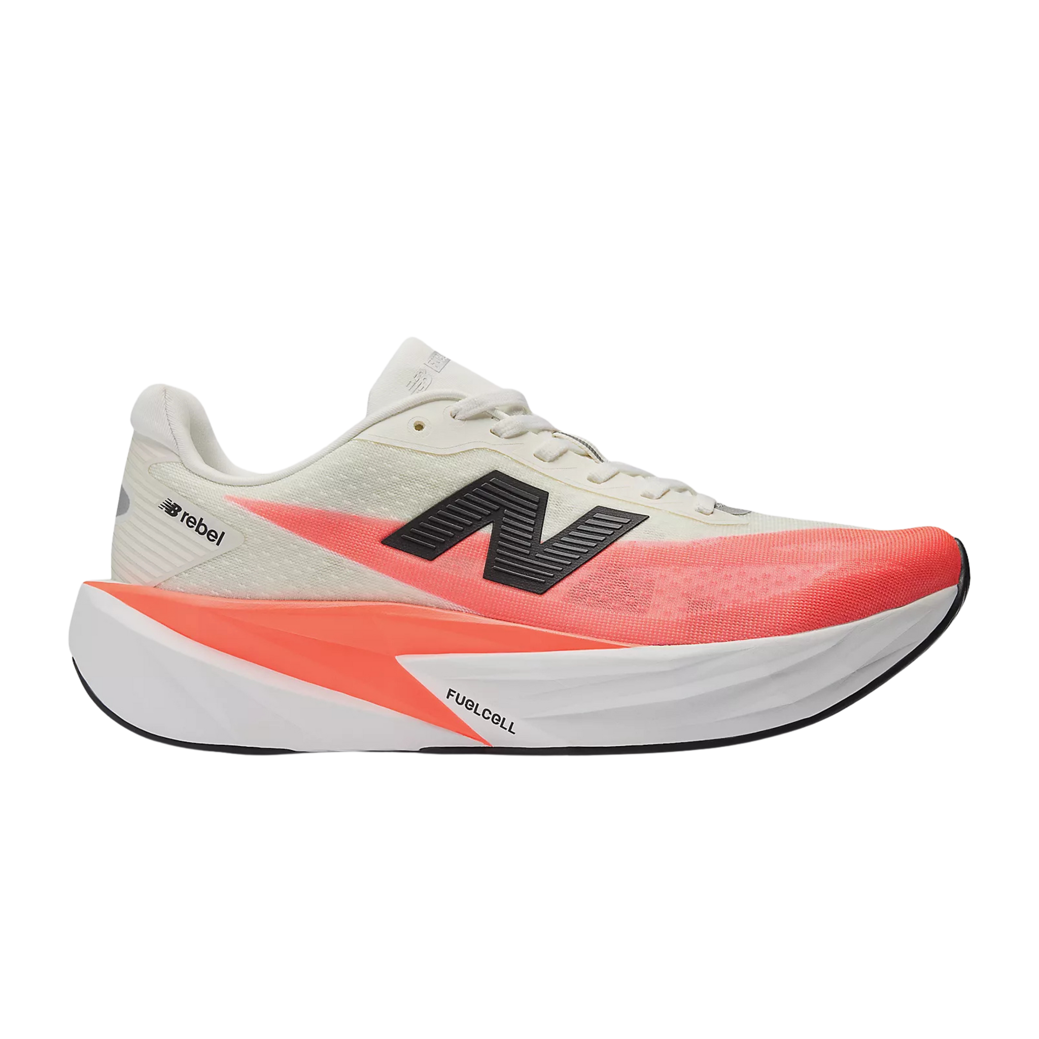 Side view on white background of Mens New Balance FuelCell Rebel V5 running shoe in Urgent Red/White/Sea Salt, Wide width