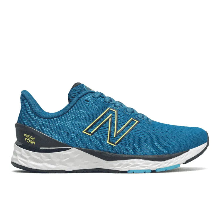 Side view on white background of Kids New Balance Fresh Foam 880v11 running shoe in Wave First Light, Medium (Regular) width