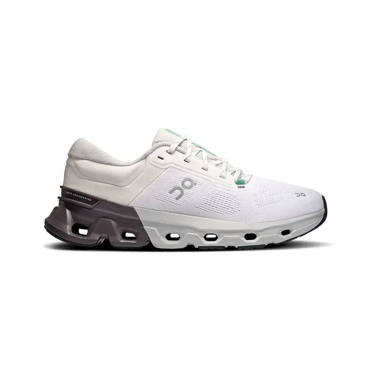 Side view on white background of Mens On Cloudflyer 5 running shoe in White/Pebble, Medium (Regular) width