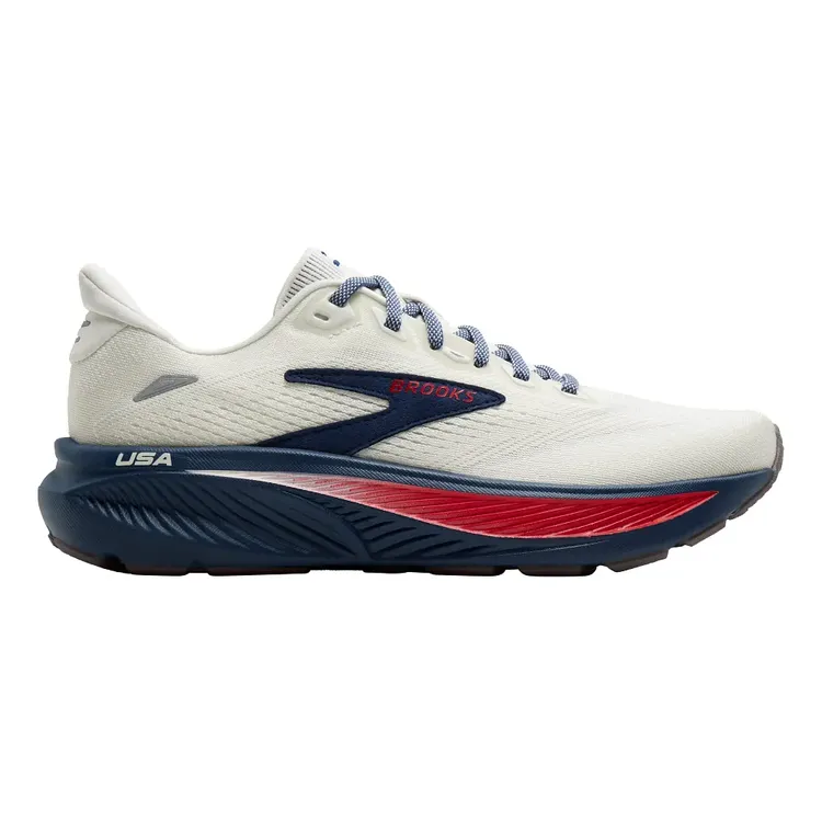 Side view on white background of Womens Brooks Ghost 18 running shoe in Coconut/Red/Blue, Medium (Regular) width