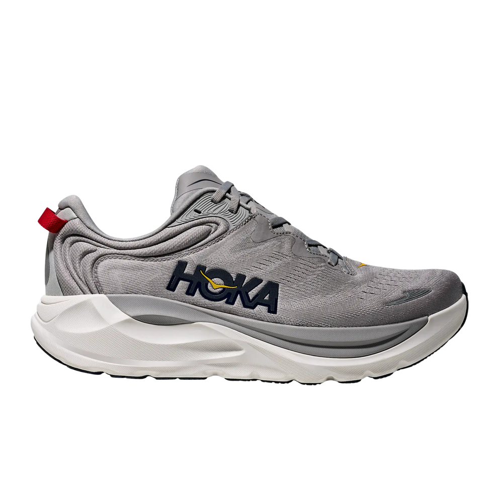 Side view on white background of Mens Hoka Gaviota 6 running shoe in Stellar Grey/Stardust, Extra Wide width