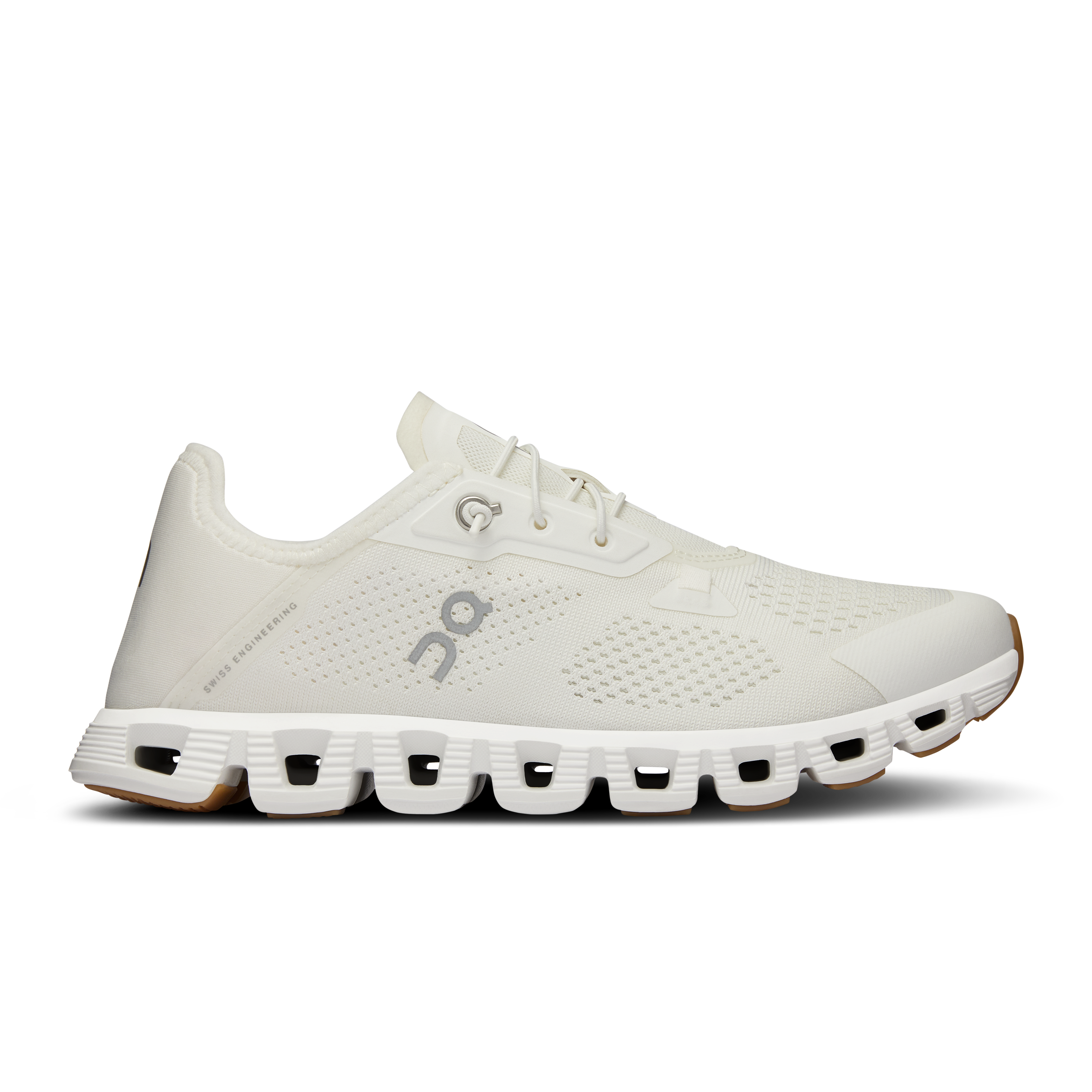 Side view on white background of Womens On Cloud 5 Coast running shoe in All White, Medium (Regular) width
