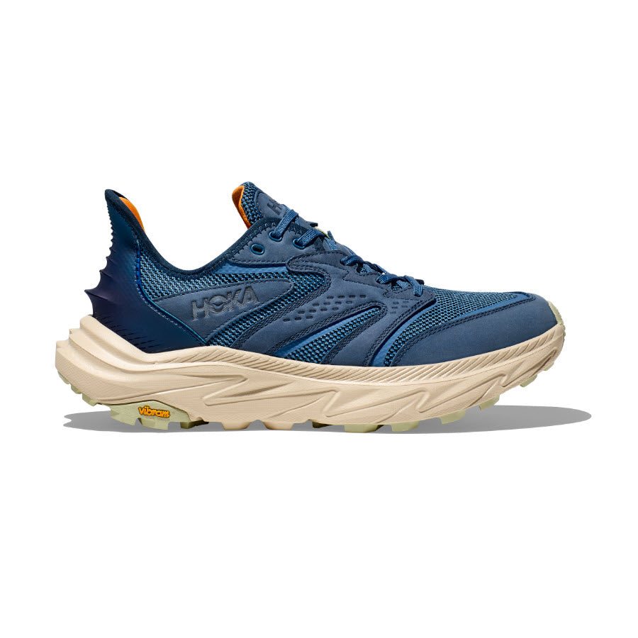 Side view on white background of Mens Hoka Anacapa 2 Freedom running shoe in Foggy Night/Oat Milk, Medium (Regular) width