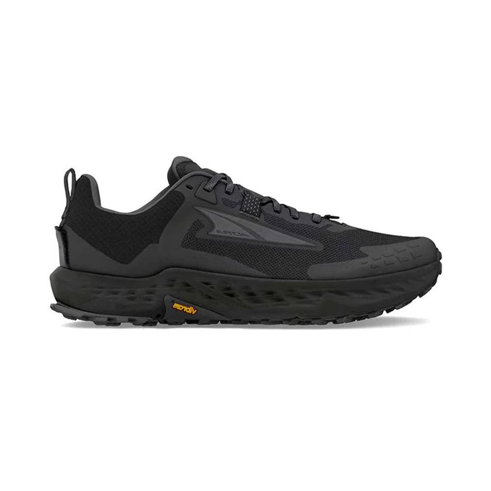 Side view on white background of Mens Altra Timp 5 running shoe in Black/Black, Medium (Regular) width