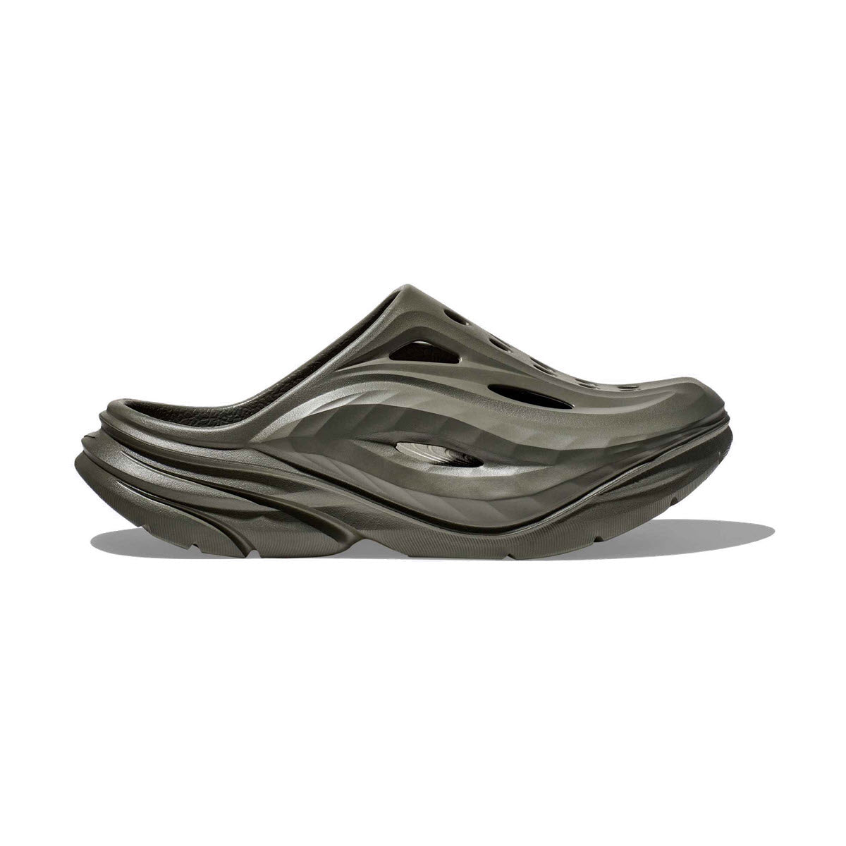 Side view on white background of Mens Hoka Ora Recovery Mule running shoe in Slate/Slate, Narrow width