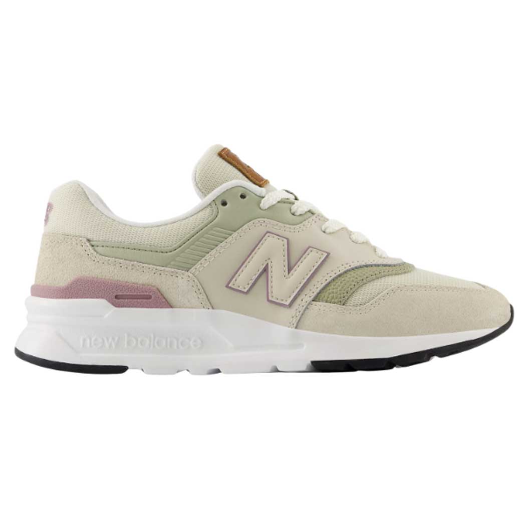 Side view on white background of Womens New Balance 997H running shoe in Timberwolf/White, Medium (Regular) width