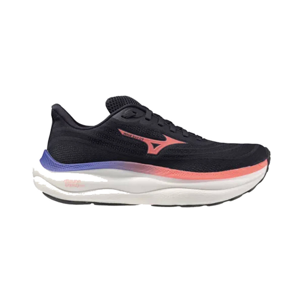 Side view on white background of Womens Mizuno Wave Sky 9 running shoe in Odyssey Grey/Striking Coral, Medium (Regular) width