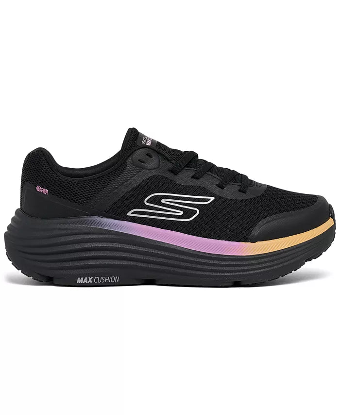 Side view on white background of Womens Skechers Max Cushioning Endeavour running shoe in Black/Pink, Medium (Regular) width