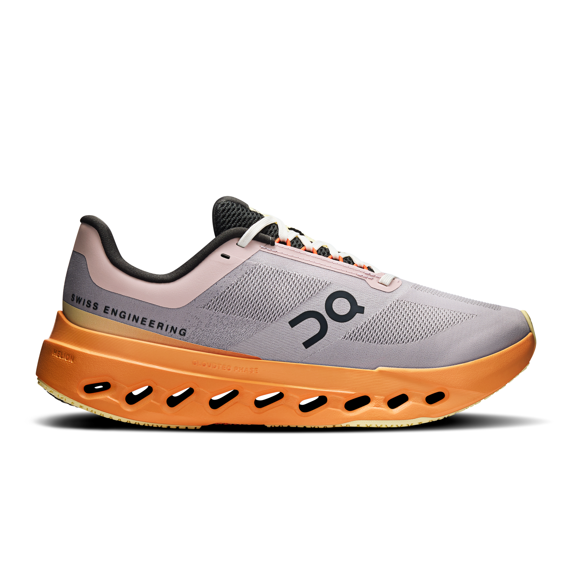 Side view on white background of Womens On Cloudsurfer Next running shoe in Lilac/Tangerine, Medium (Regular) width