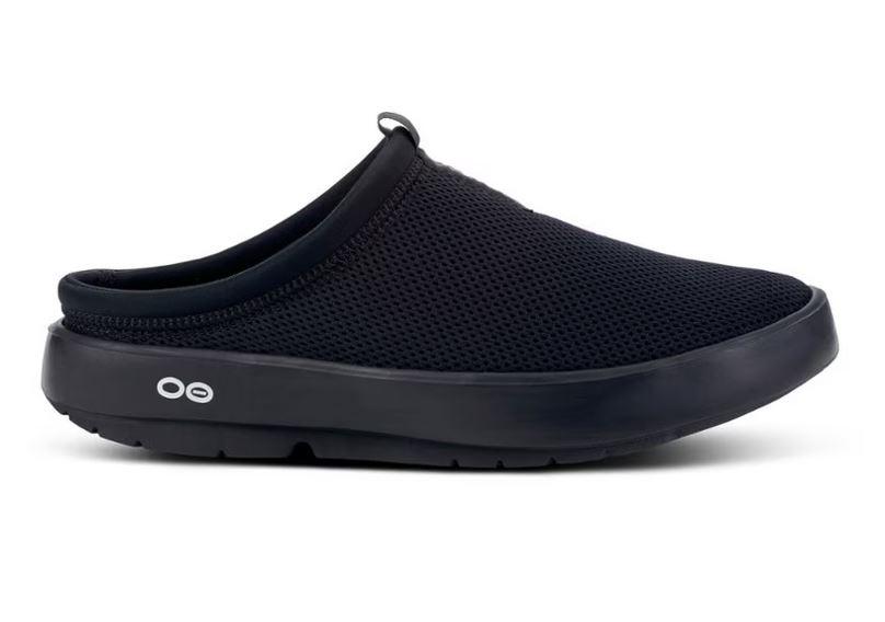 Side view on white background of Mens Oofos Oocoozie Sport Mule running shoe in Black, Medium (Regular) width