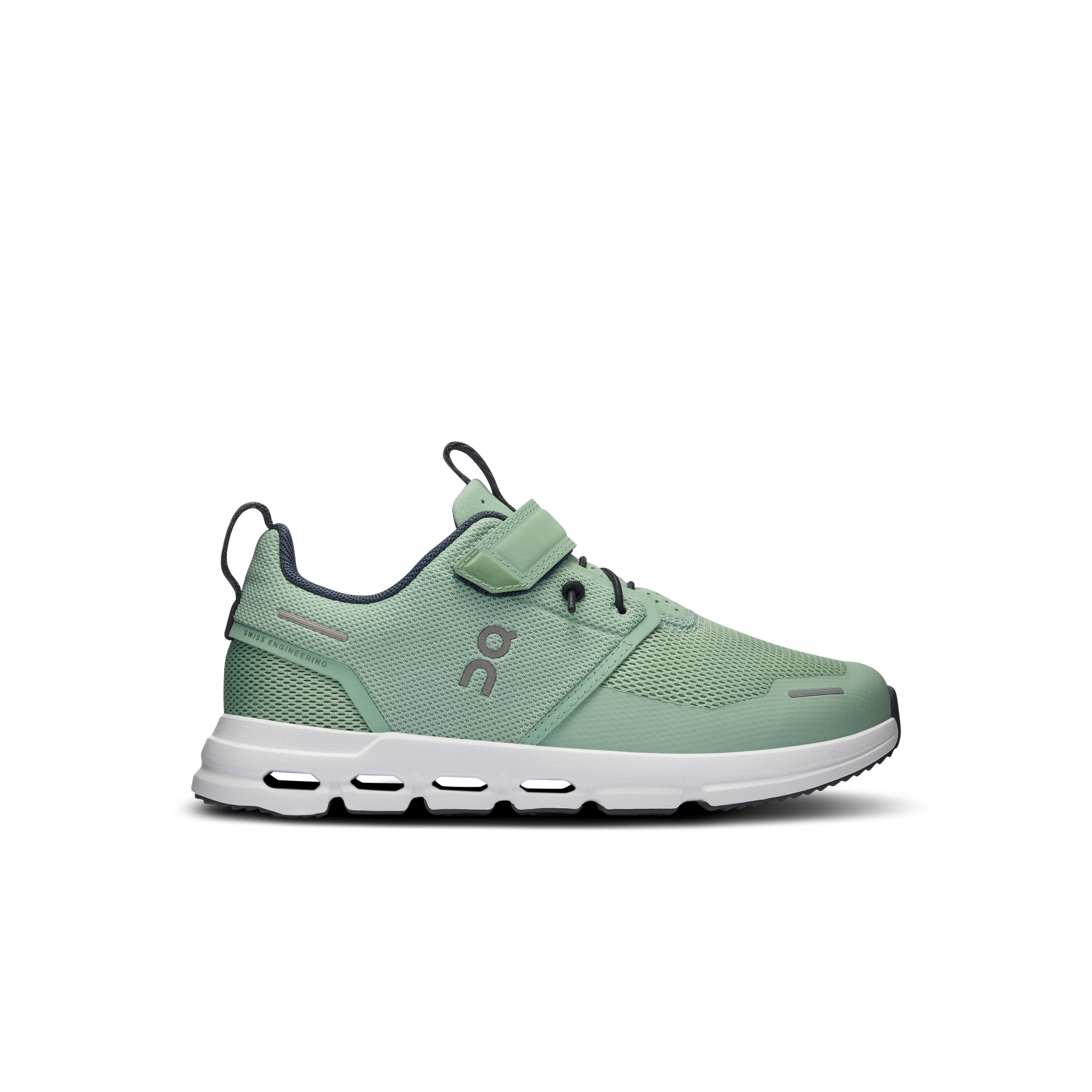 Side view on white background of Kids On  shoe in Sage/White, Medium (Regular) width