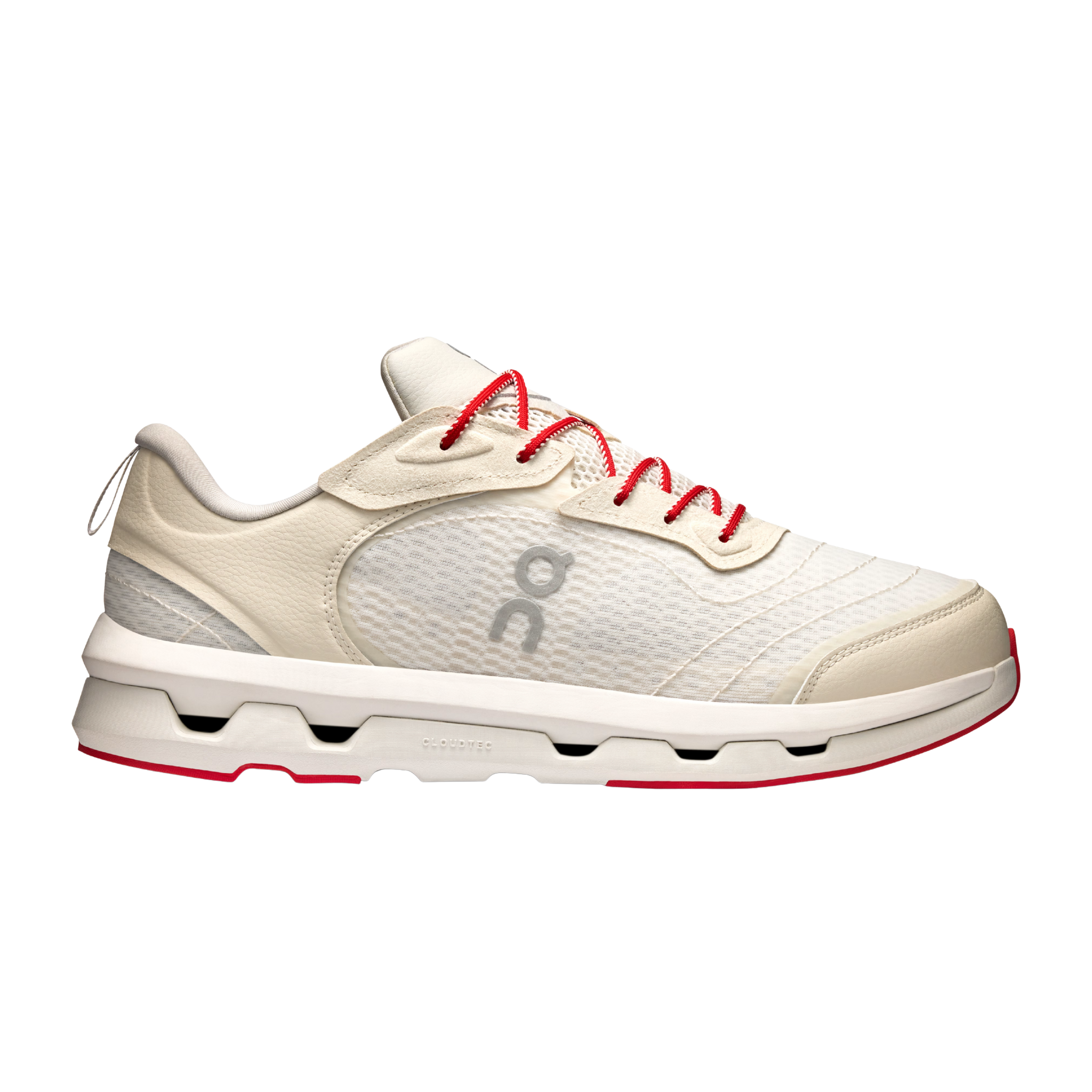 Side view on white background of Womens On Cloudzone Moon running shoe in Ivory/Wolf, Medium (Regular) width