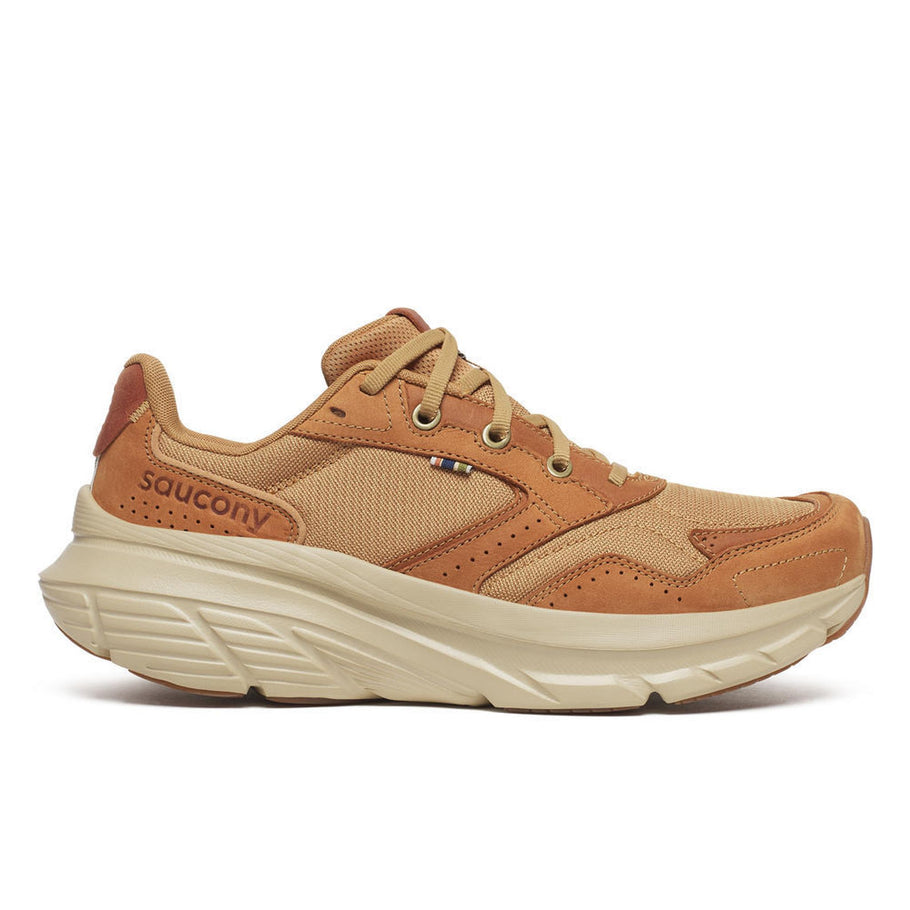 Side view on white background of Mens Saucony Guide Metro running shoe in Cider, Medium (Regular) width