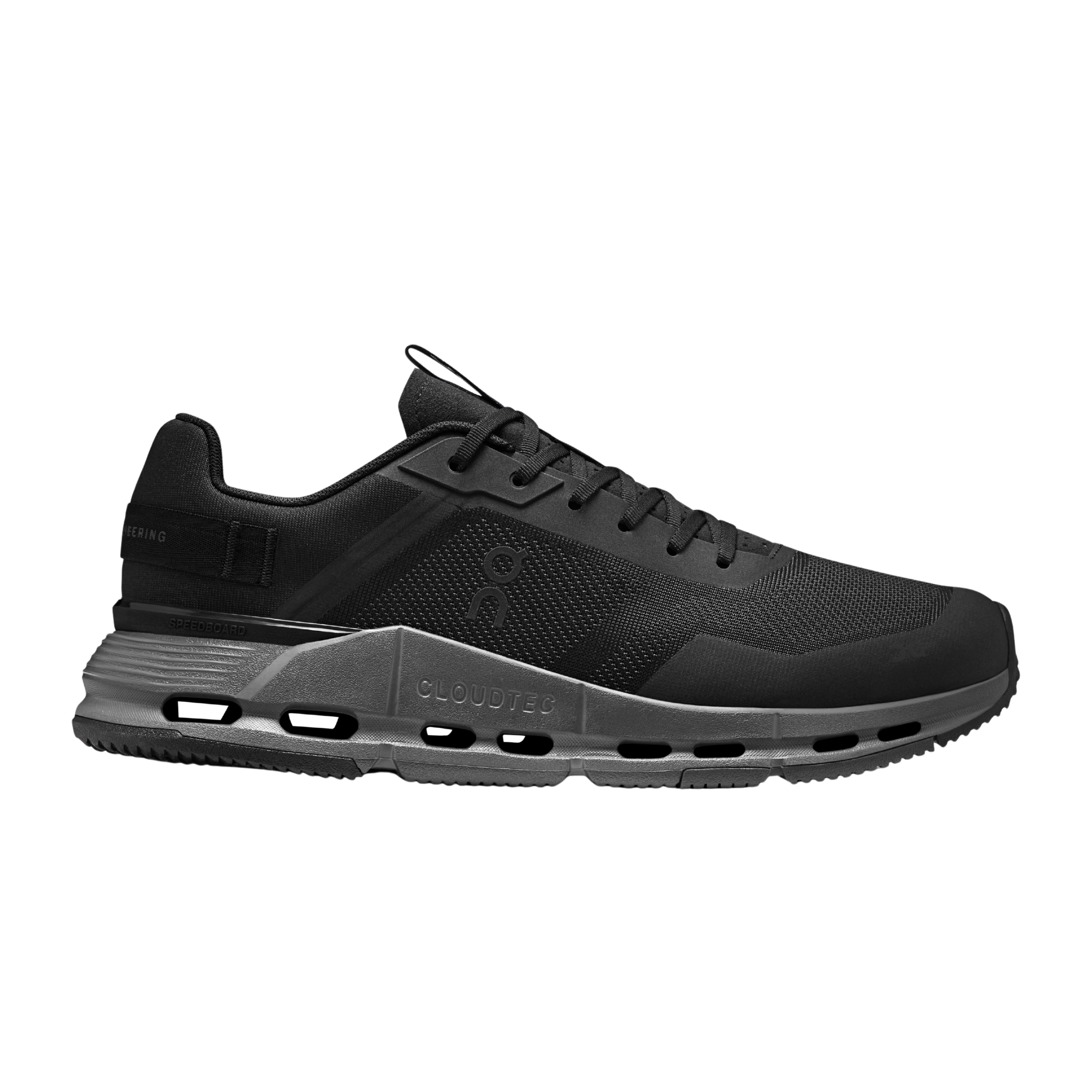 Side view on white background of Mens On Cloudnova Form 2 TT running shoe in Black/Eclipse, Medium (Regular) width