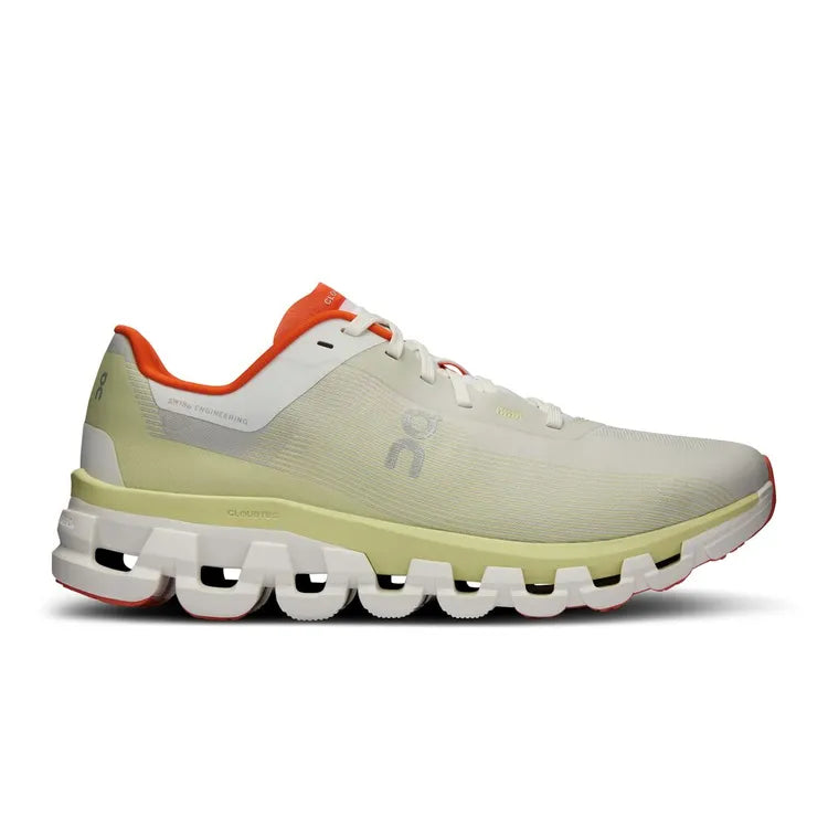 Side view on white background of Womens On Cloudflow 4 running shoe in White/Hay, Medium (Regular) width
